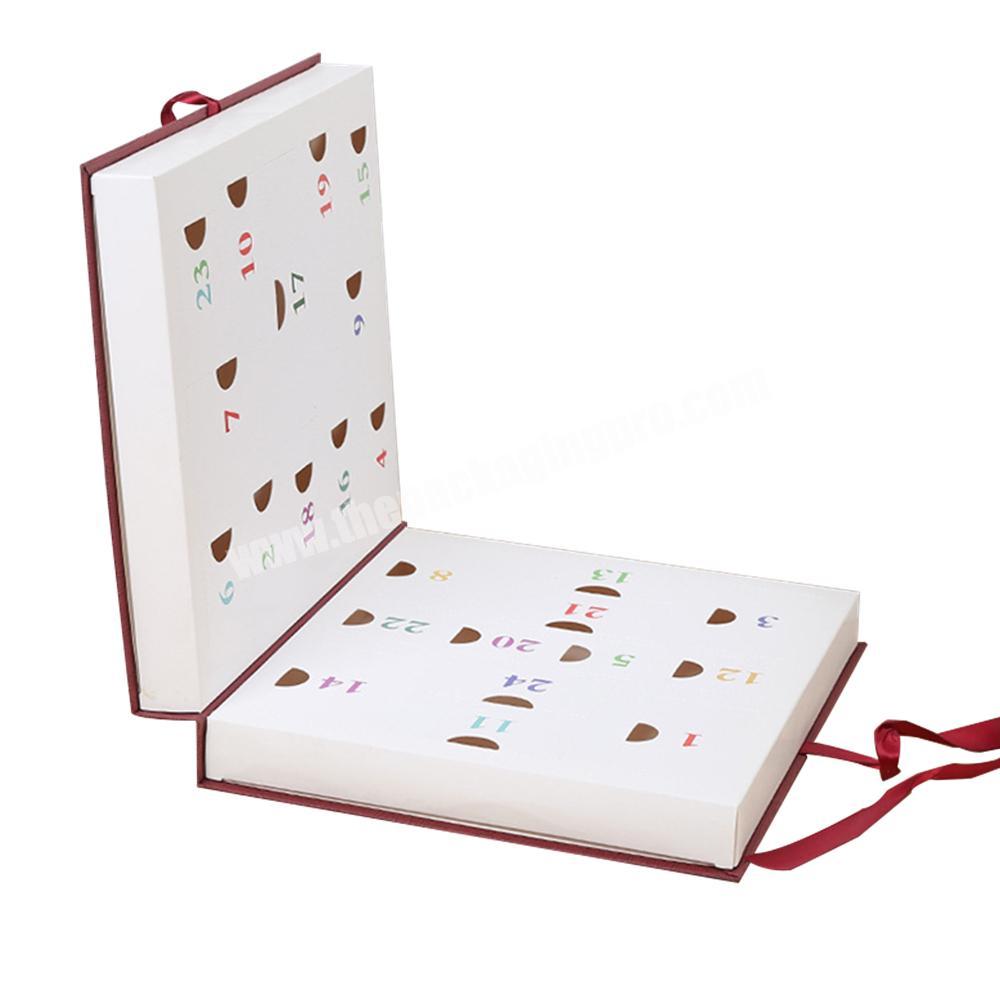custom 24 Boxes Book Shaped Christmas Cardboard Advent Calendar Chocolate Makeup Gift Box 12 Days with Ribbon Closure 