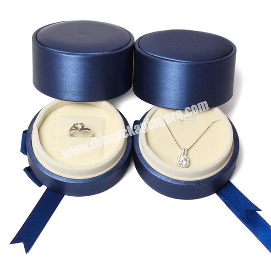 Luxury Blue PU Leather Round Cylinder Ring Pendant Box With Ribbon