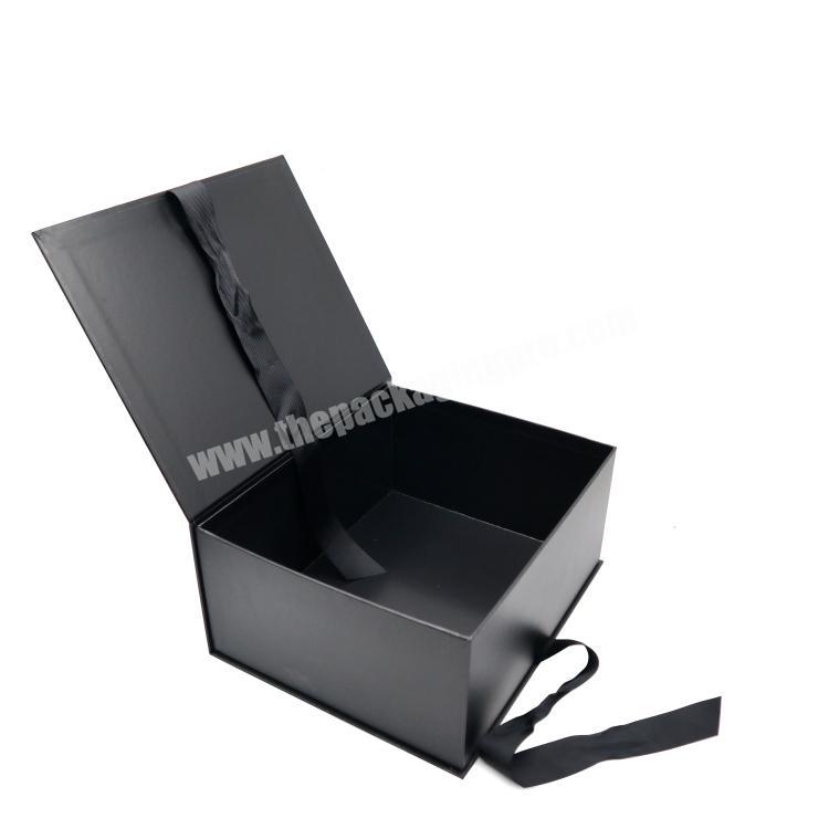 Custom Cardboard Black Empty Shoes Packaging  Magnetic Gift Box With Ribbon Closures