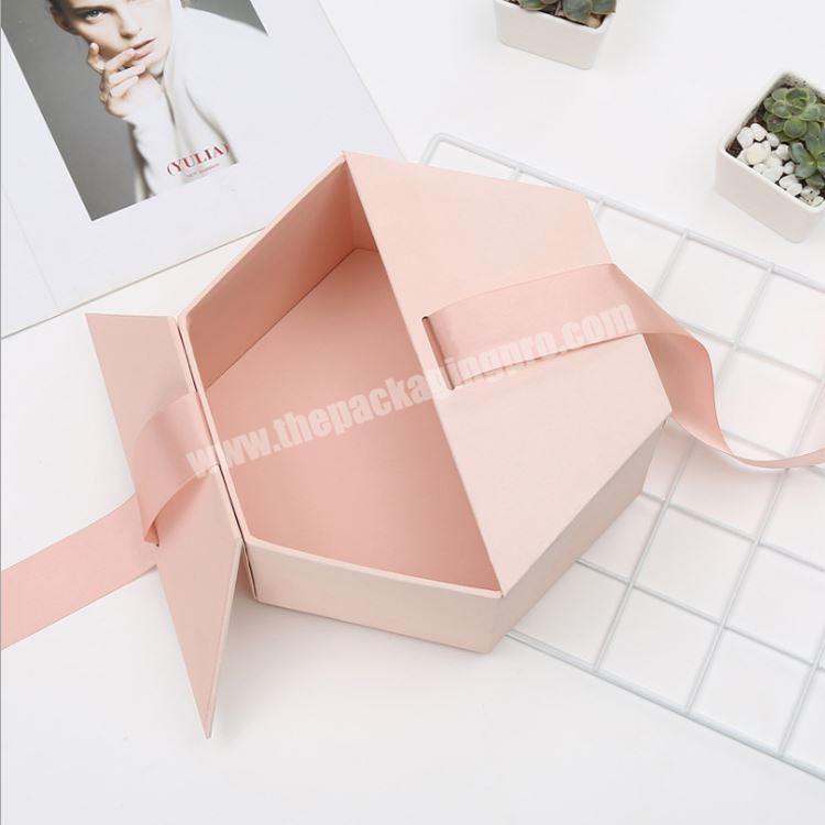 Custom Design Rigid Cardboard Magnetic Double Door Paper Hexagon Sweet wedding Bridesmaid Pink Gift packaging Box with Ribbon