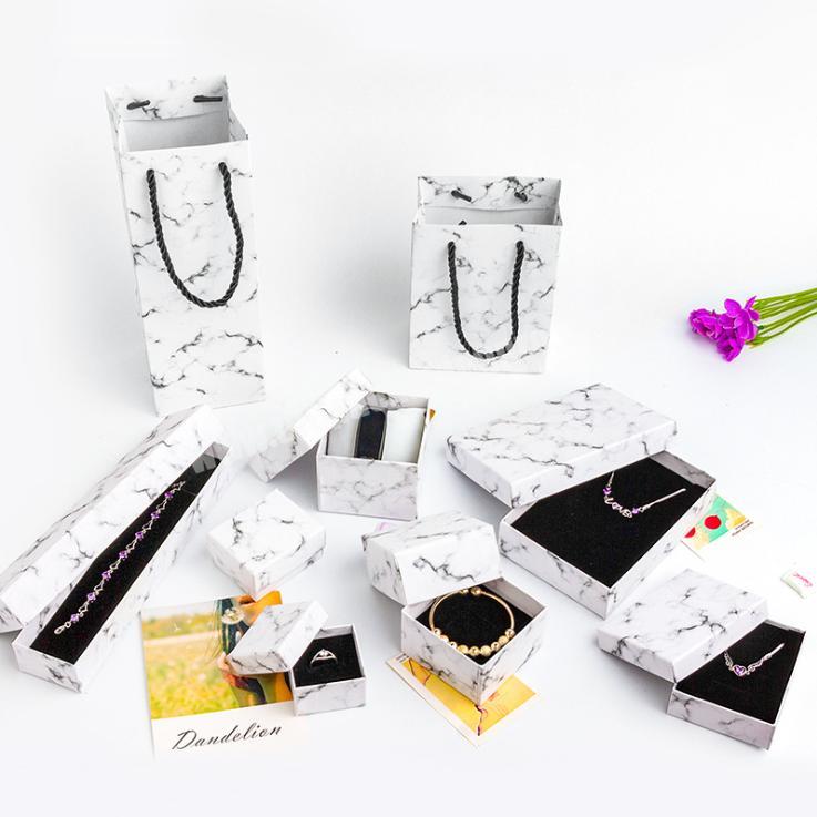 Custom Logo Cardboard Marble Ring Necklace Box with Foam Velvet Insert Kraft Packaging Paper Jewelry Box