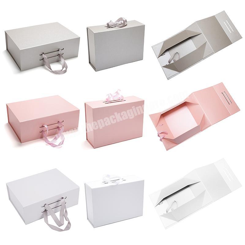 Custom Magnetic Closure Collapsible Boxes Full Color Gloss Matte Lamination Folding Magnetic Lid Gift Box With  Satin Handle Tie