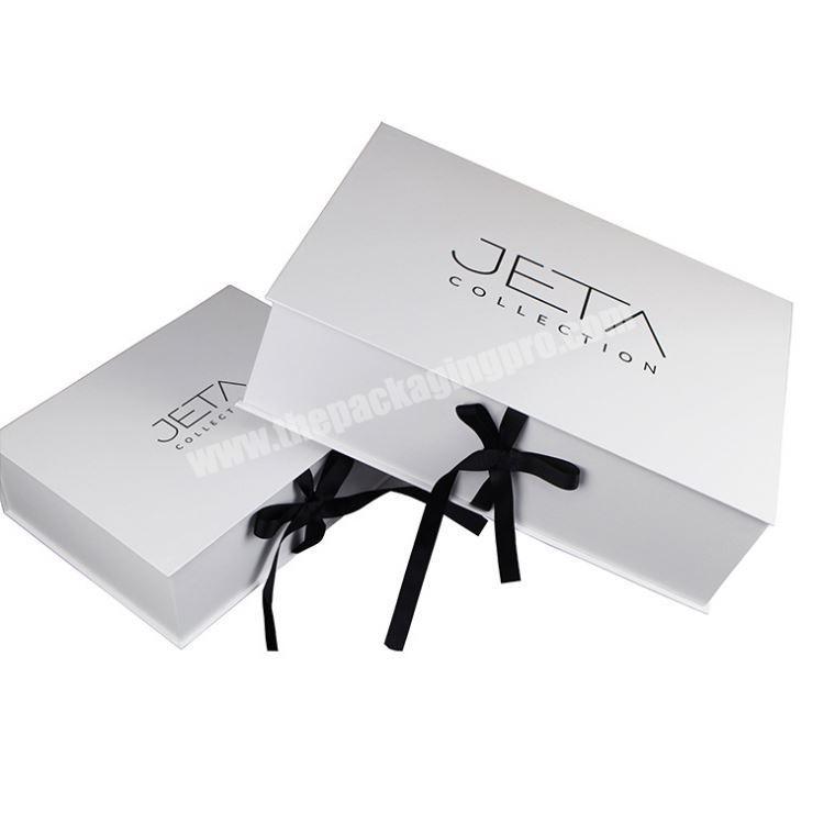 Custom luxury white magnet flap clothing paper box foldable magnetic closure gift boxes with black ribbon