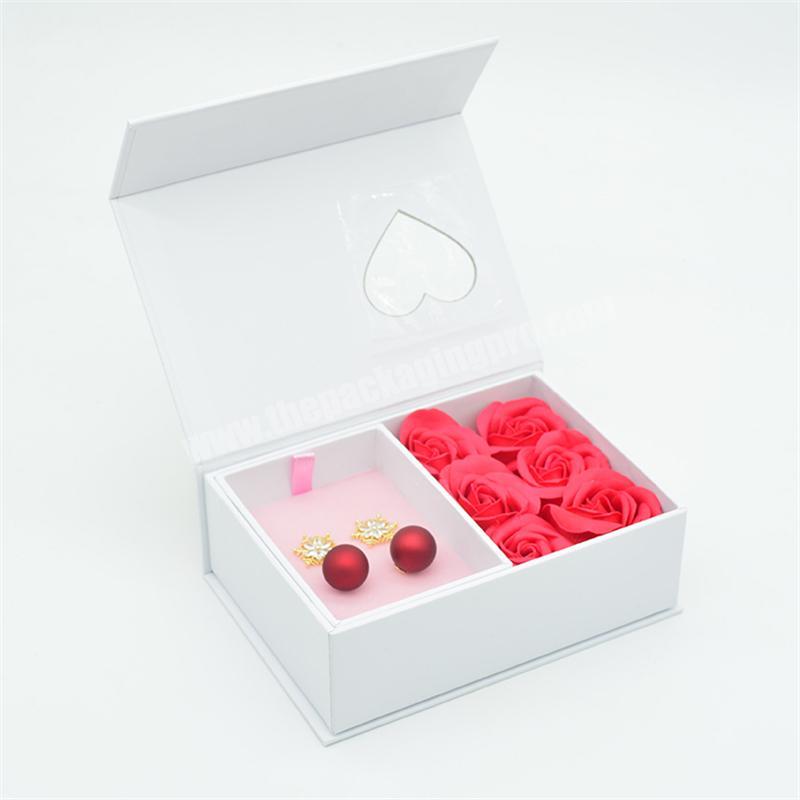 Creative luxury white gift box earring ring soap flower gift box with magnetic and clear window