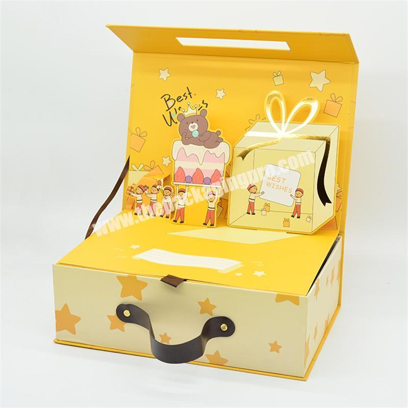 Wholesale Cute Cartoon Magnetic Cardboard Suitcase Shaped Gift Boxes Kids Birthday Packaging Gift Box with 3D Pop Up and Handle