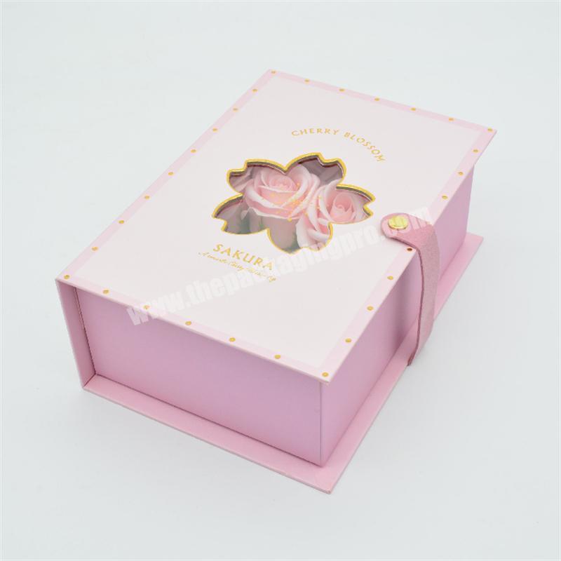 Custom Bronzing Logo Cherry Blossom Gift Packaging Boxes Pink Cardboard Paper Box with Sakura Shaped Window