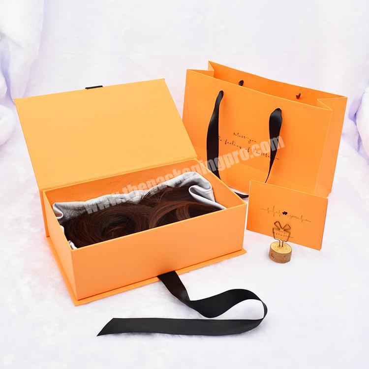 Custom Logo Printing Paper Cardboard Cosmetic Perfume Packaging Orange With Ribbon Closure Wig Gift Box
