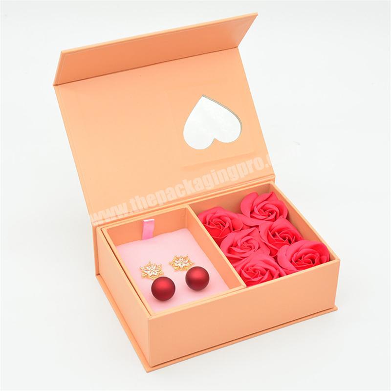 Custom creative orange gift box earrings soap flower jewelry gift box with heart shaped clear window and magnet