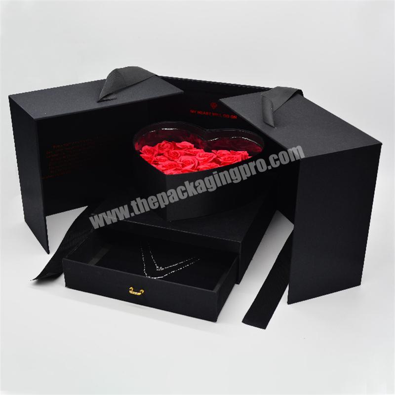 Custom logo black  jewelry chocolate gift packaging paper cardboard rose heart shape flower box with drawer luxury