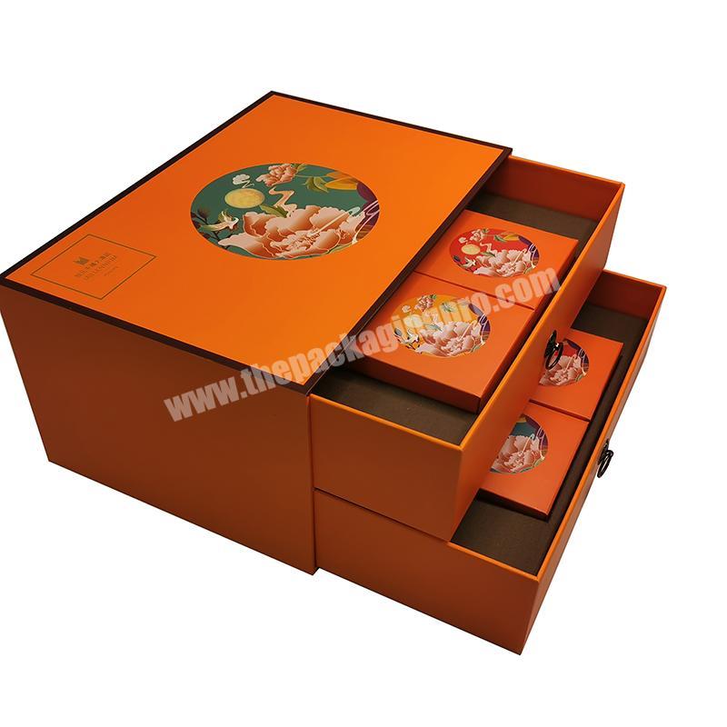 Custom logo luxury 2 layer slide drawer paper cardboard mooncake cake packaging boxes for sale