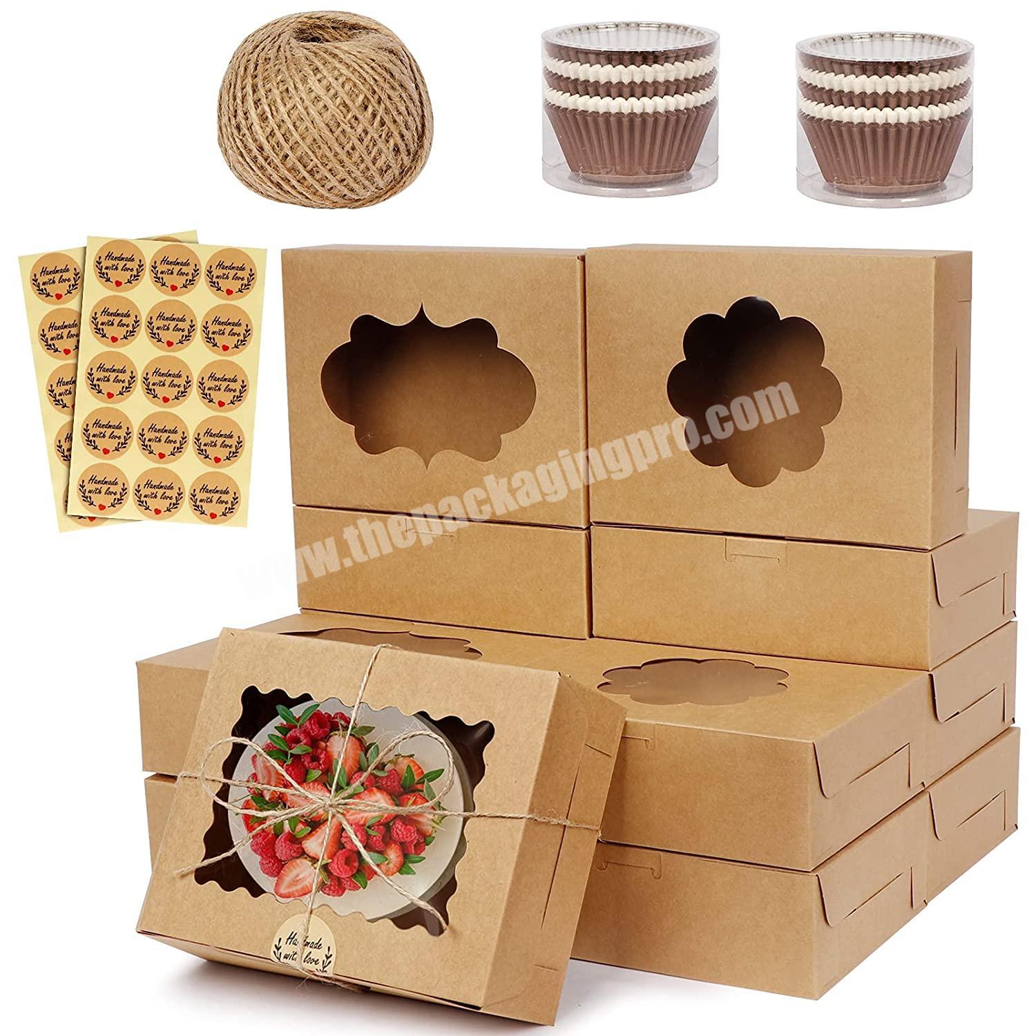 Kraft Paper Treat Boxes with window for Strawberries Cupcakes Donuts Includes Cupcake Liners Stickers and Ribbons