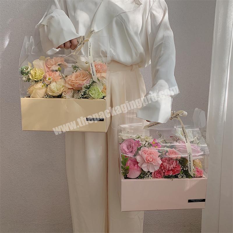 Transparent Plastic Preserved Bouquet Packaging Gift Clear PVC Flower Box For Flowers with  Handle