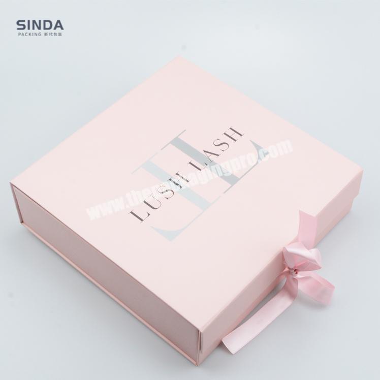 Luxury Flat Folding Cardboard Paper Pink Box Ribbon Closures Book Shaped Foldable Packaging Gift Boxes With Magnetic Lid