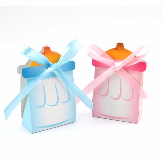 20pcs Baby Shower Gift Box Baby's Bottle Nursing Bottle Pink Blue Gender Reveal 1st Birthday Gift Box Candy Bag with Silk Ribbon