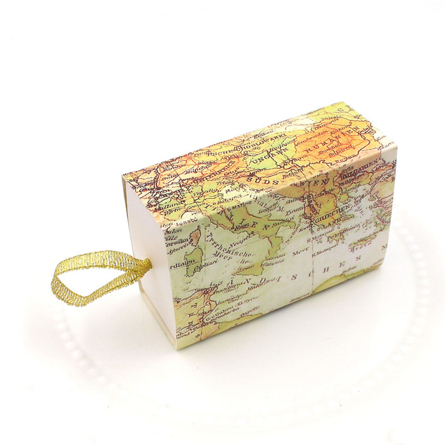 20pcs Wedding Boxes Map Of The World Adventure Sweet Gift Box Wedding Party Favors Gift Box With Gold Silk Ribbon Drawer Boxes