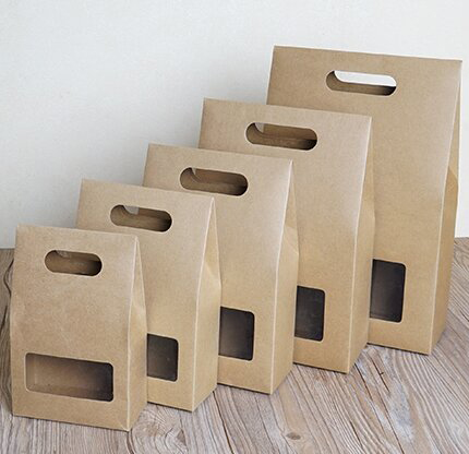 22*15*6.5cm Hand Kraft Paper Bag With Window Biscuits Paper Bags Food Bags 100pcs/lot Free shipping
