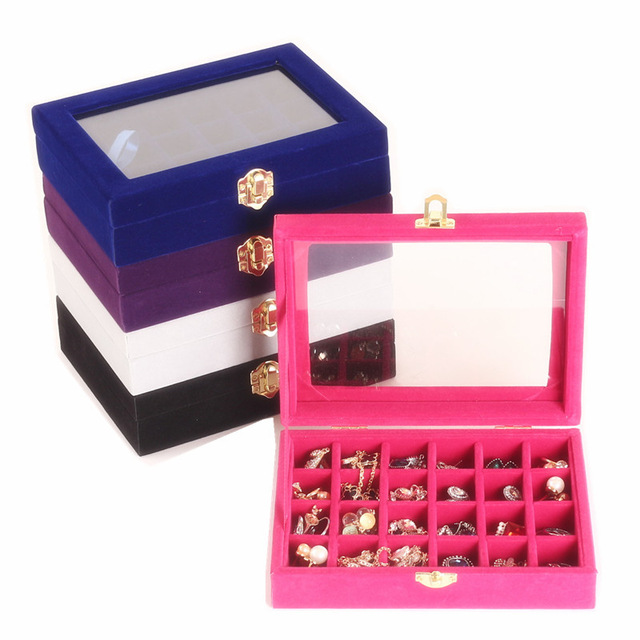 24 Grids Small Bracelet Gray Jewelry Box With Glass Cover Pendant Receive A Case Necklace Box Lock Set Jewelry Display Tray