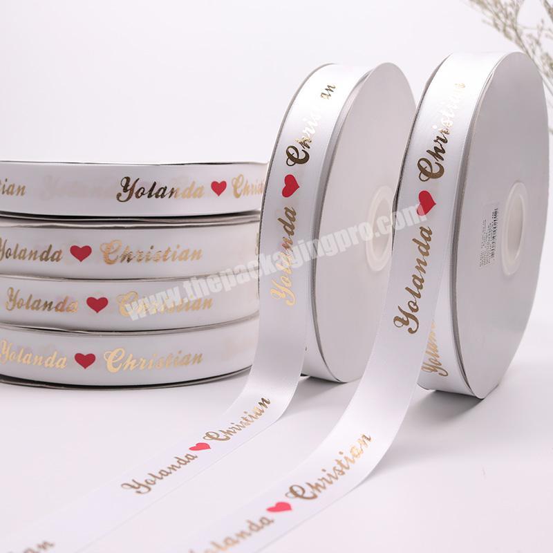 25mm Custom Gold Foil Printed Ribbon Gift Polyester Satin Ribbon With Logo