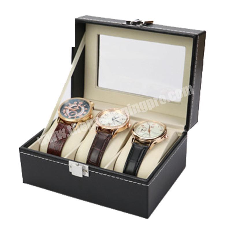 3 Slots  custom black luxury pu leather watch storage display box ladies watch packaging  box with pillow
