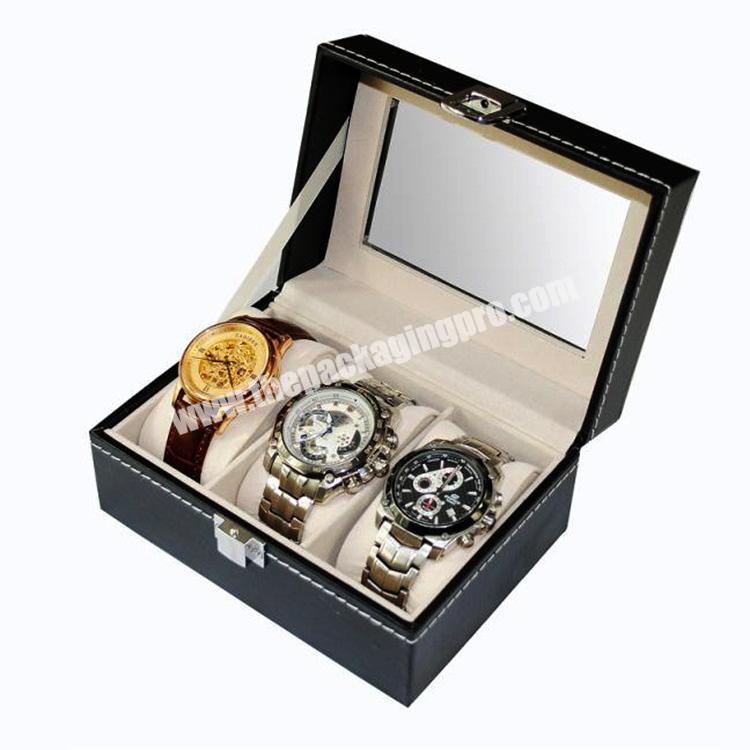 3 Slots PU Leather Watch Box Clear Window Display Case Box for Watches