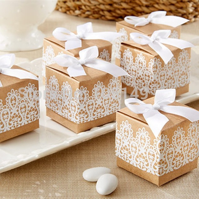 30pcs sweet lovely Decoration Candy box paper boxes Gift box Rustic & Lace Kraft Favor Box With Ribbon Wedding and Party
