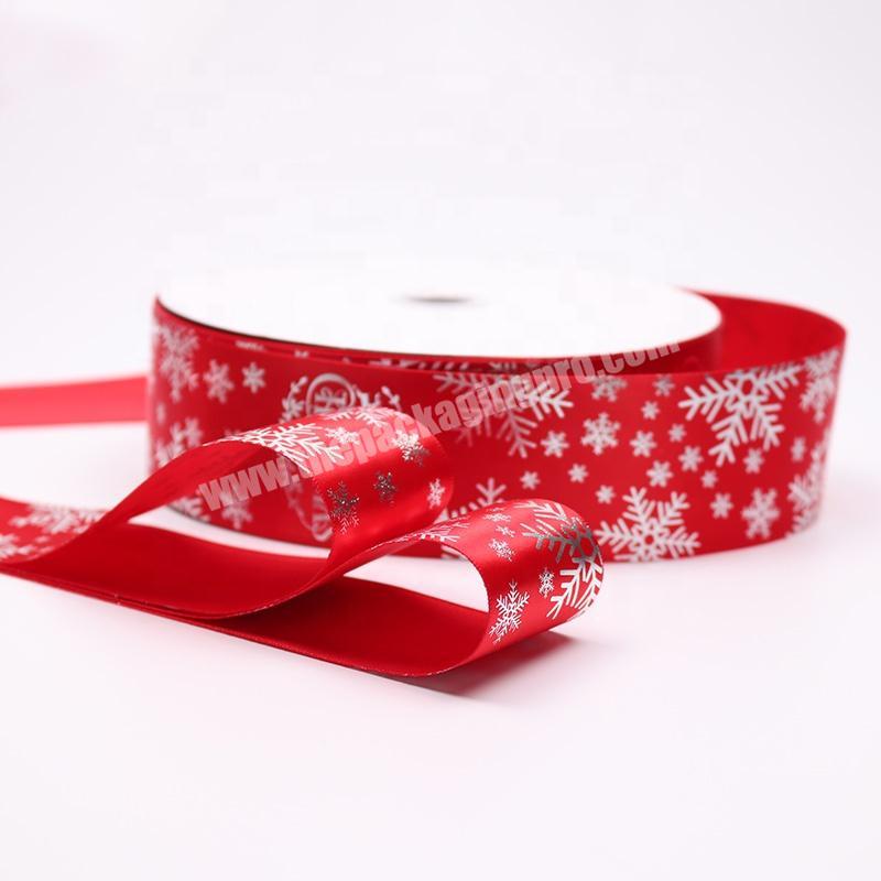 3.8cm Custom Logo Print Silver Foil Printed Red Christmas Satin Ribbon Wholesale Hot Stamping Foil Printing Ribbon