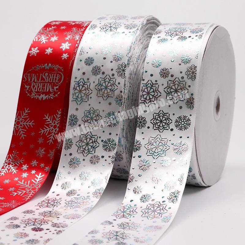 3.8cm Printed Colorful Gold Foil Satin Ribbon Custom Snowflake Printing Christmas Ribbon For Decoration