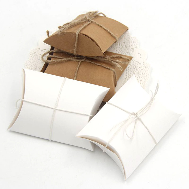 50PCS/lot Paper Pillow Gift Box Kraft Paper Candy Boxes PVC Paper Gift Box Bag With Burlap Twine Chic For Wedding Party Supply