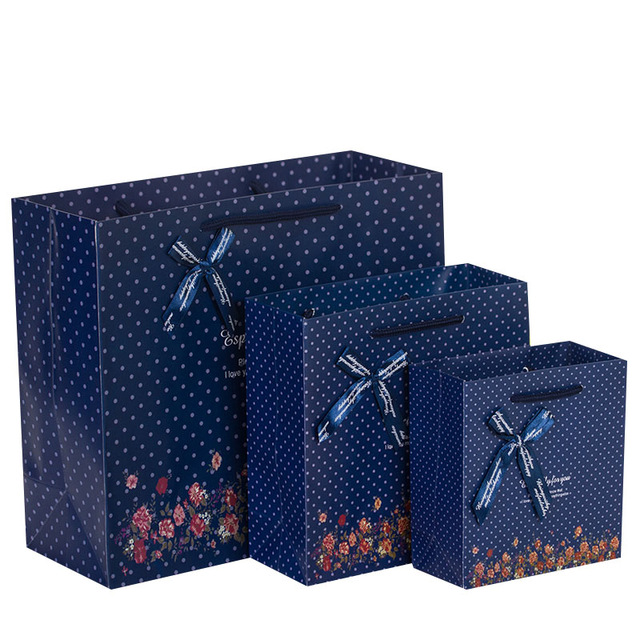 5PCS Dot flowers bowknot speck Gift paper bag packaging shopping twill wedding birthday bag 14*15*7cm 20*20*8cm 30*27*12cm