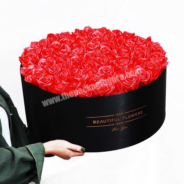 99 Roses Elegant hot stamping logo gift round flower box silk satin with lid handmade flower box 2pcs set