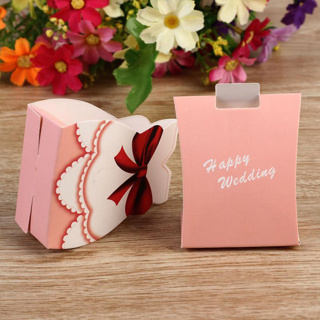 Creative 50Pcs Fashion Pink Bride Groom Tuxedo Dress Gown Shape Wedding Favors Candy Gift Box