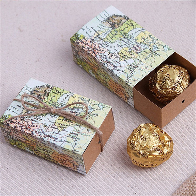 Free Shipping 20Pcs Kraft Paper World Map Candy Box With Burlap Twine Chocolate Box Candy Holder Bags Wedding Party Gift Boxes