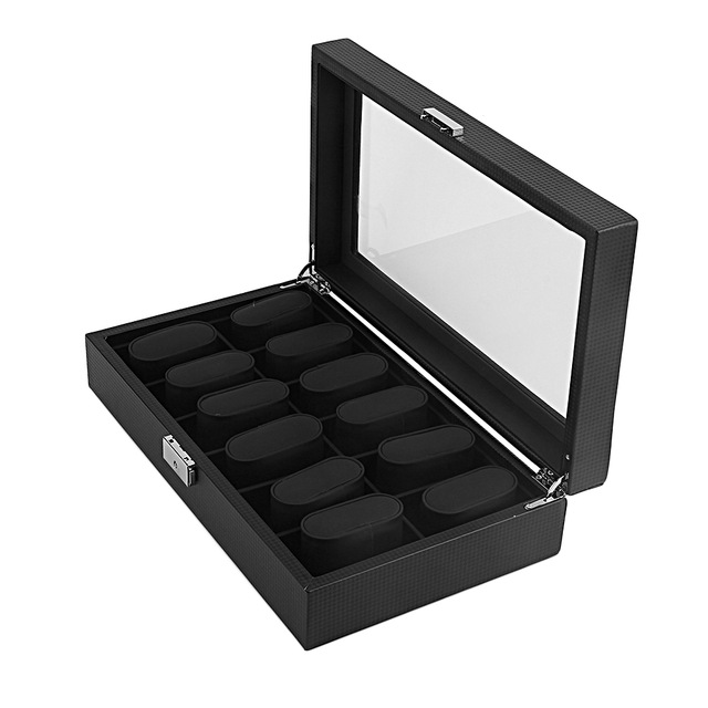 High-Grade 12 Slot Carbon Fiber Design Jewelry Display Watch Box Storage Holder Black Large top quality