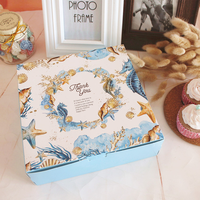 Hot Sale 21*21*6.5cm 10pcs ocean design Cheese Cake Paper Box Cookie Container gift Packaging Wedding Christmas Use