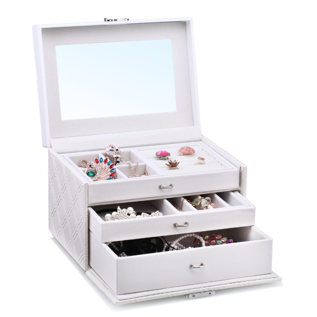 Large Cream White Jewelry Box PU Jewellery Organizer Rings Earrings Display Trinket Leather Casket Women's Birthday Gifts ZG238
