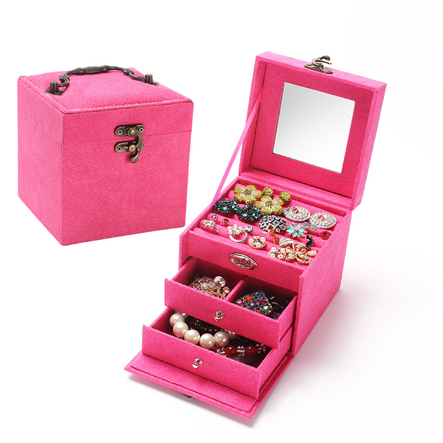New Princess Portable Inside 3 layer Velvet Clamshell Gift jewelry Box Accessories Display Organizer Carrying Case Casket Boxes