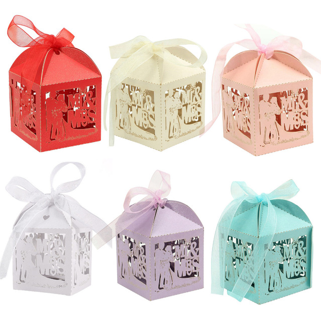 Newest 50pcs/lot Wedding Paper Comfit Candy Gift Chocolate Boxes with Ribbon 6 Colors Party Bridal Shower Favors Decoration