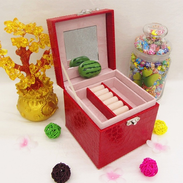 Promotion Protable Leather Jewelry Box With Mirror 3 Trays For Holding Necklace Jewelry Box 6 Color Free Shipping