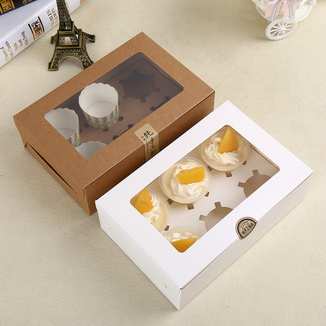 Pure Kraft Paper Box Muffin Cupcake Boxes Clear Window 2/4/6 Lattice Cup Cake Pudding Baking Packaging Bottle Box 10pcs/lot