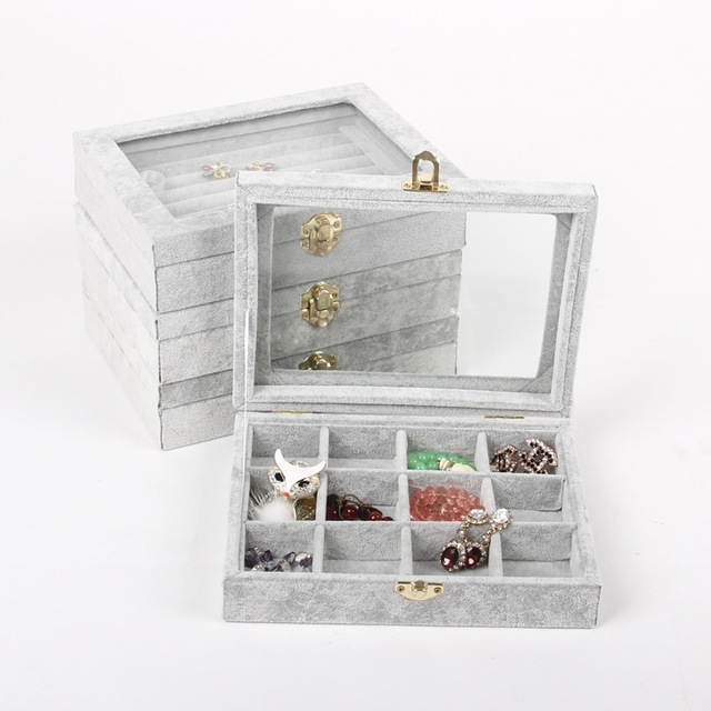 TONVIC Gray/Black/Pink/ Purple Velvet Jewelry Case Storage Box Glass Lid 12 Grid For Earring Ring Pendant New Arrival