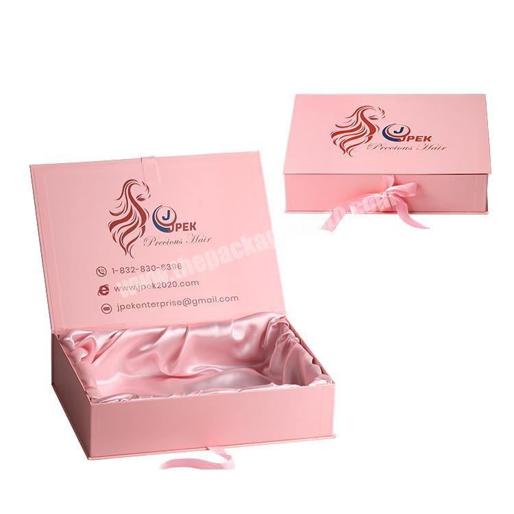 Beautiful Pink Gift Box Wholesale Folding Magnetic Paperboard Packaging Box With Bow For Cosmetic Box Hair Extension Packaging