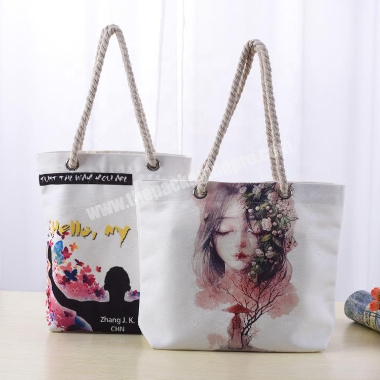 Beautiful rope handle shopping white canvas bag for girl