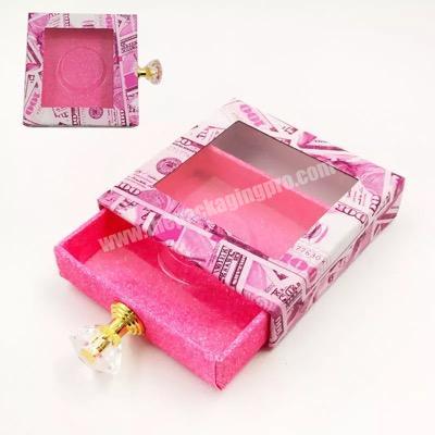 Beheart 1 Pair Luxury Custom Logo Pink Dollar Bill Square Slide Drawer Eyelash Packaging Box With Crystal-Handle