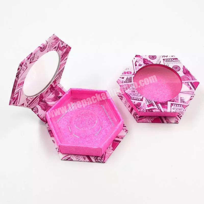 Beheart Customize Money Print Clear Window 5D Mink Eyelashes Magnetic Vendor Customized Boxes Hexagon Shape Eyelash Box