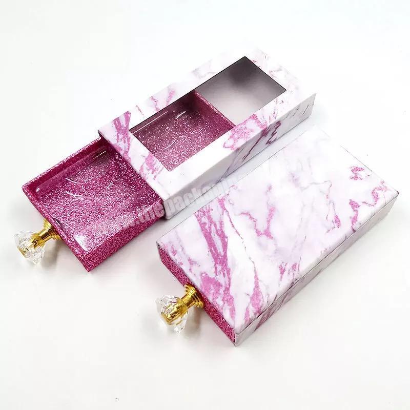Beheart Marble Clear Rectangle Window Custom 3D Silk Eyelashes Private Label Mink Crystal-Handle Eyelash Packaging Drawer Box