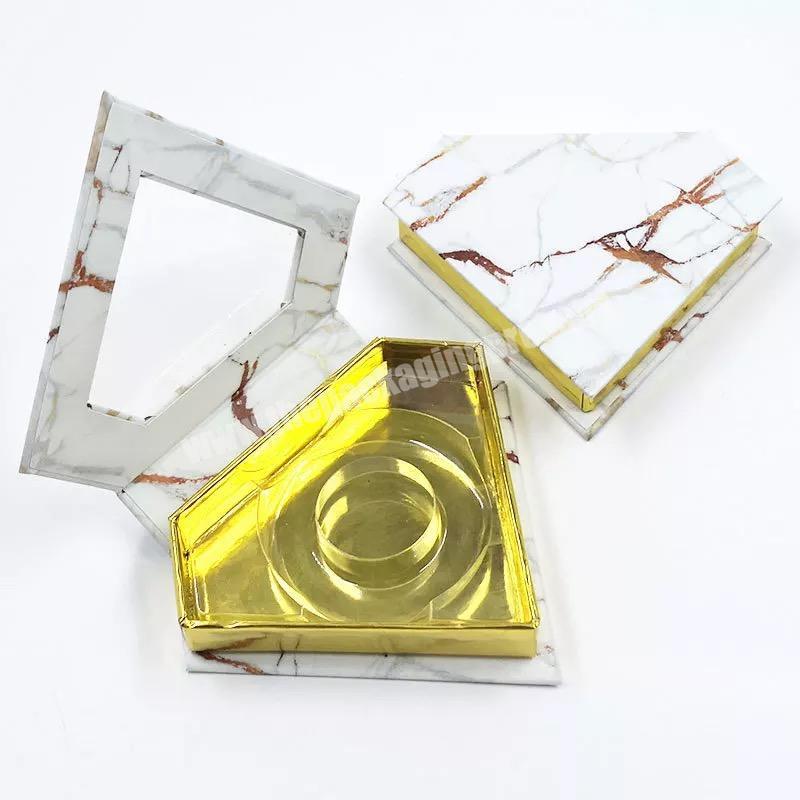 Beheart Wholesale Clear Window Diamond-Shape Marble Gold False Custom Logo Eyelash Packaging Box Only Eyelashes Boxes