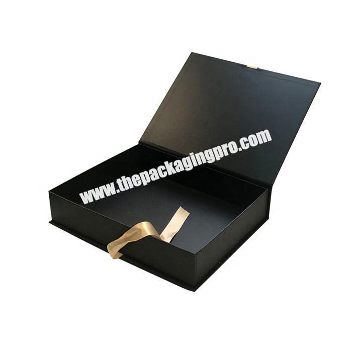 Bespoke black paper magnetic closure gift box with small ribbon handle