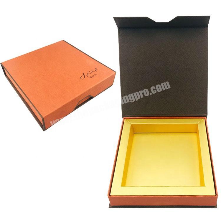 bespoke magnetic flip orange embossing paper chocolate packaging box with inner gold box