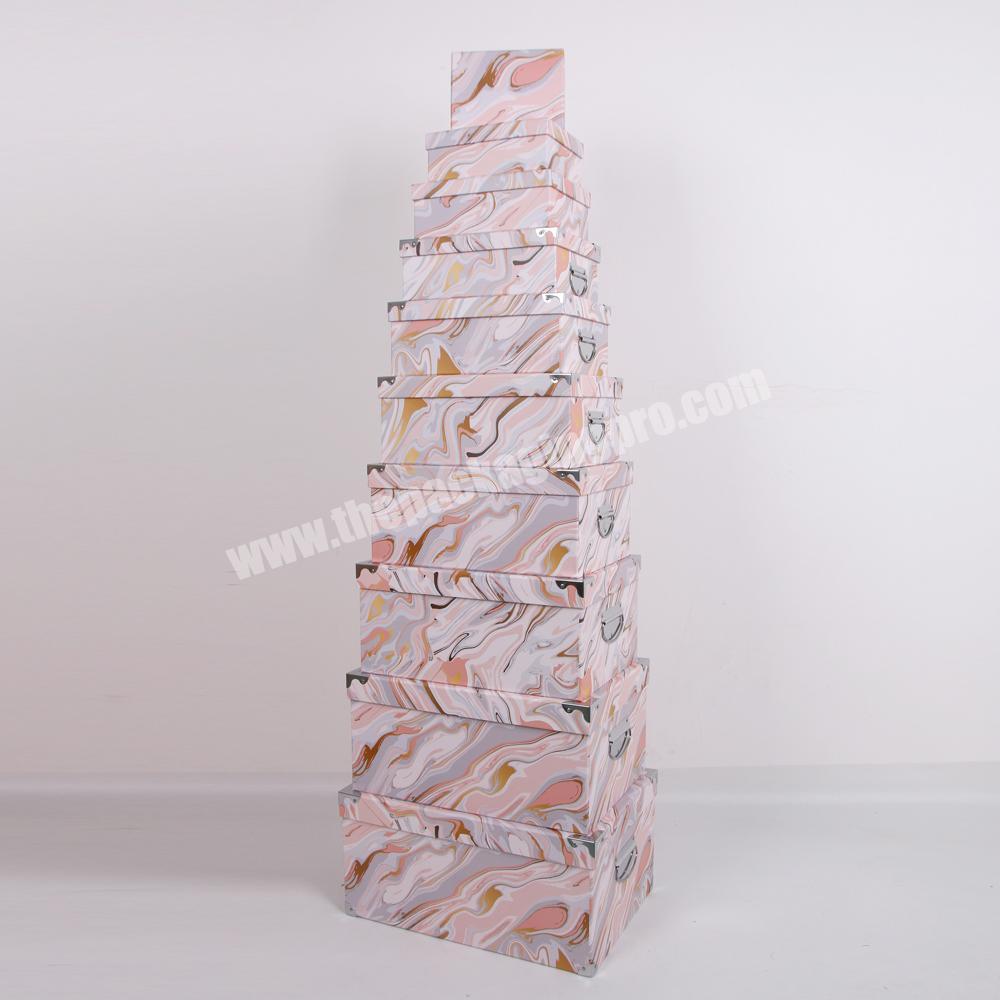 Big Paperboard Rectangle Marble Pattern Gift Box With Iron Handle And Corner