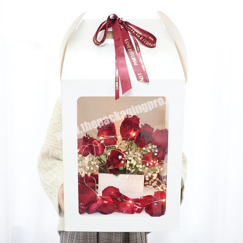 big size 32x32x42cm pvc clear window flower paper packaging box with handle for mother's day or valentines day
